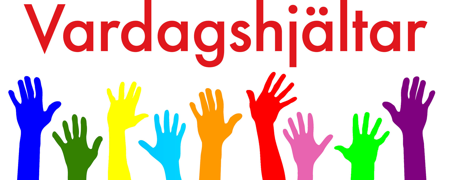 En logo för vår kampanj Vardagshjältar. Olika färgers händer som hjälper till och texten Vardasghjältar.